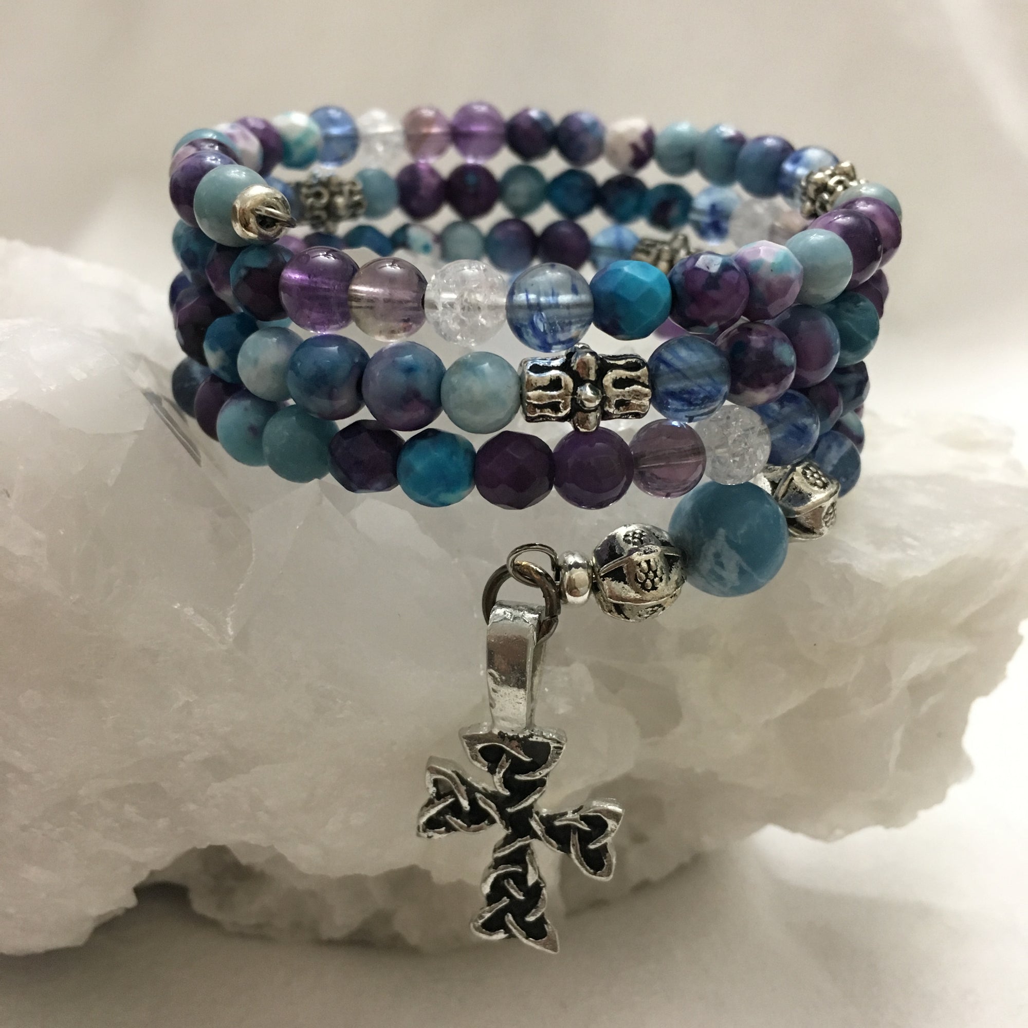 MALA Bracelet with Rainflower (Yuhua), Blue Quartz (Dumortierite), Ametrine, Larimar, Crackle Clear Quartz, Amethyst, and Larimar GURU Bead, Celtic Cross