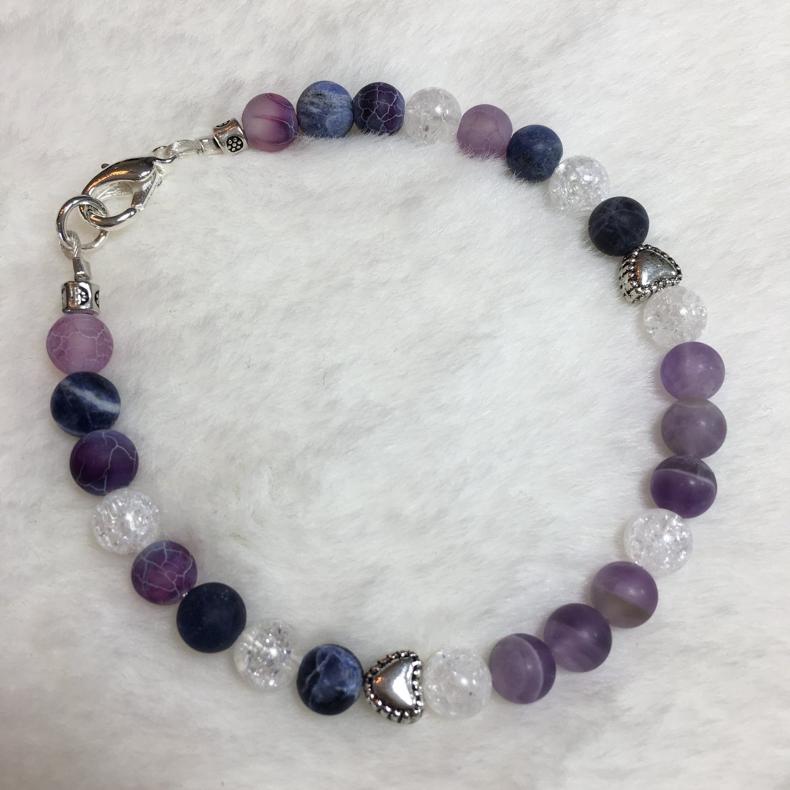 Amethyst Matte, Sodalite Matte, Agate Purple Crackle Matte, Crackle Clear Quartz Bracelet