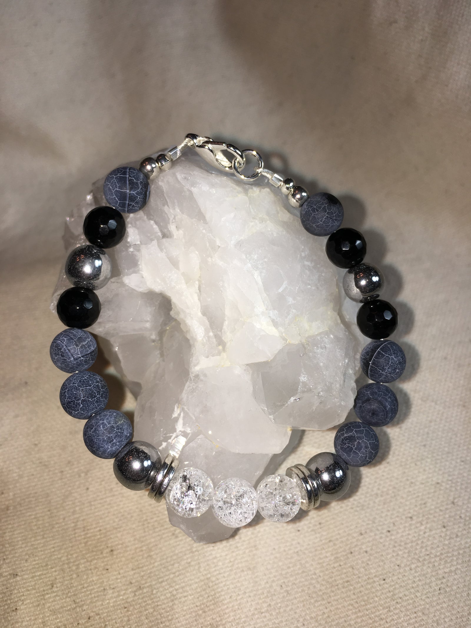 Clear Quartz Crackle, Silver Hematite, Black Agate Crackle, Black Onyx Faceted