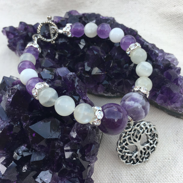 Amethyst, Moonstone, Mother of Pearl Bracelet with Pewter Tree of Life and Brass Toggle