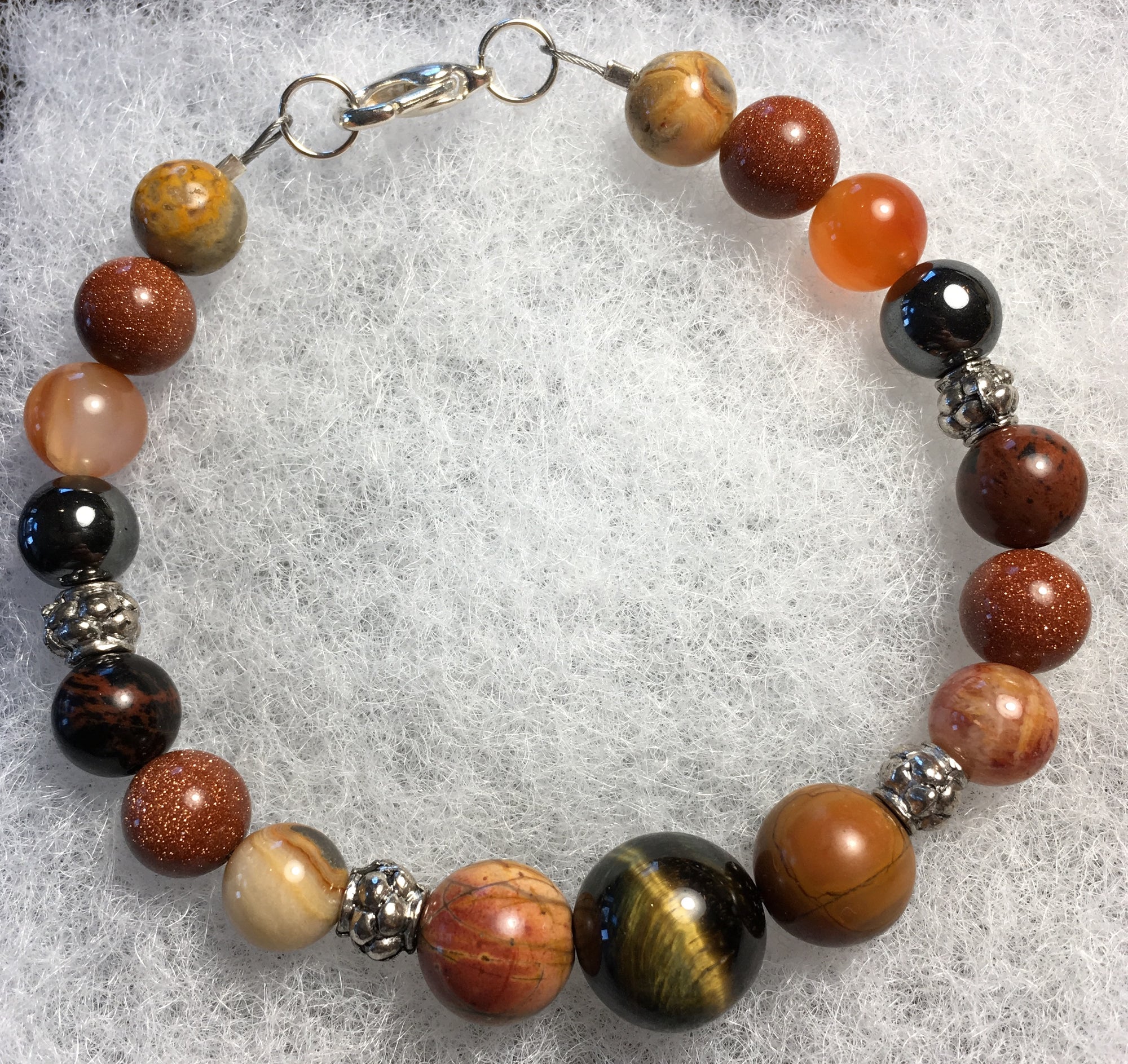 Tiger Eye, Cherry Creek Jasper, Crazy Lace Agate, Goldstone, Mahogany Obsidian, Hematite, Carnelian Bracelet