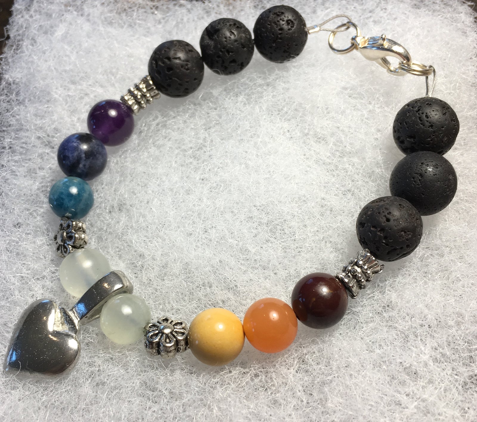 Chakra Bracelet, Lava Rock, Mookaite, Carnelian, Jade, Apatite, Sodalite, Amethyst, with Pewter Amulet
