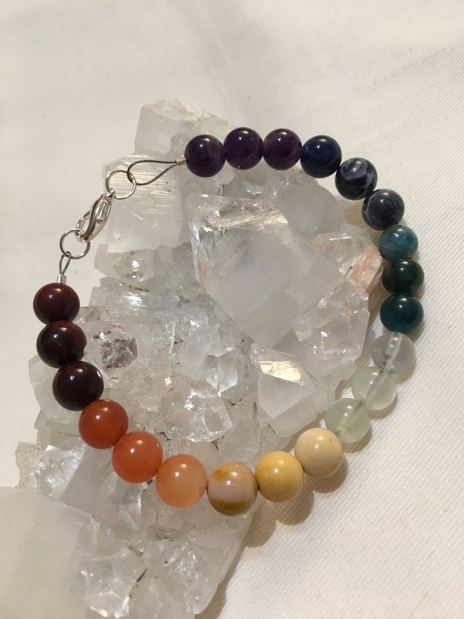 Chakra Bracelet with Mookaite, Carnelian, Prehnite, Apatite, Sodalite, Amethyst