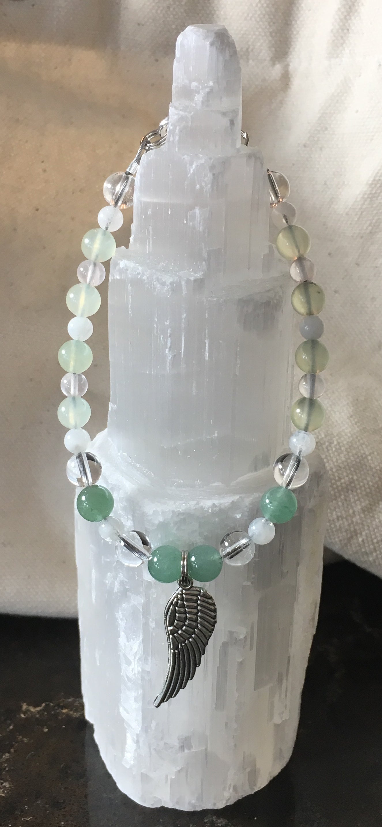 Aventurine, Clear Quartz, White Moonstone, Pink Quartz, Chinese Jade Bracelet with Feather Amulet Charm