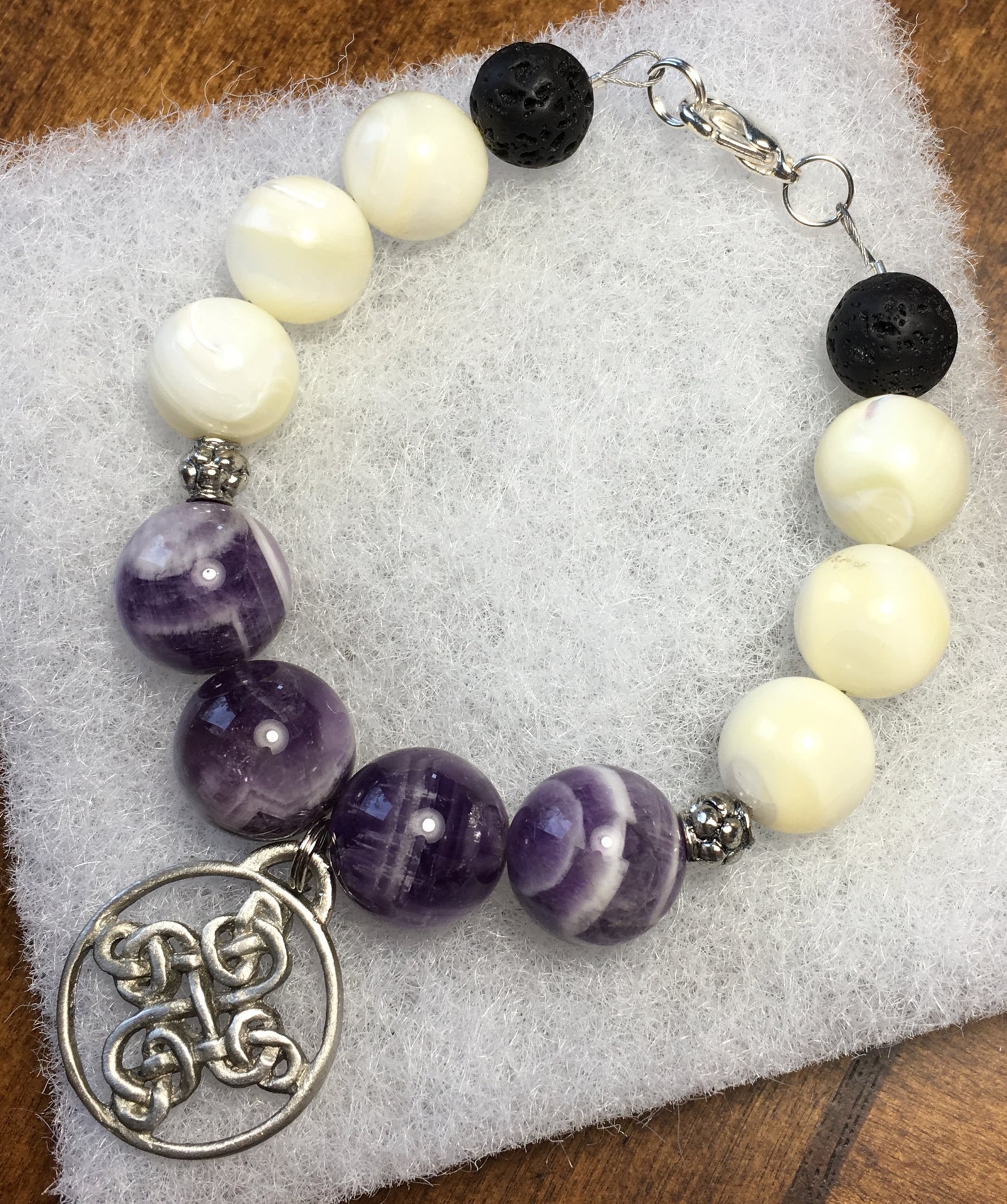 Chevron Amethyst, Lava Rock, Mother of Pearl Bracelet