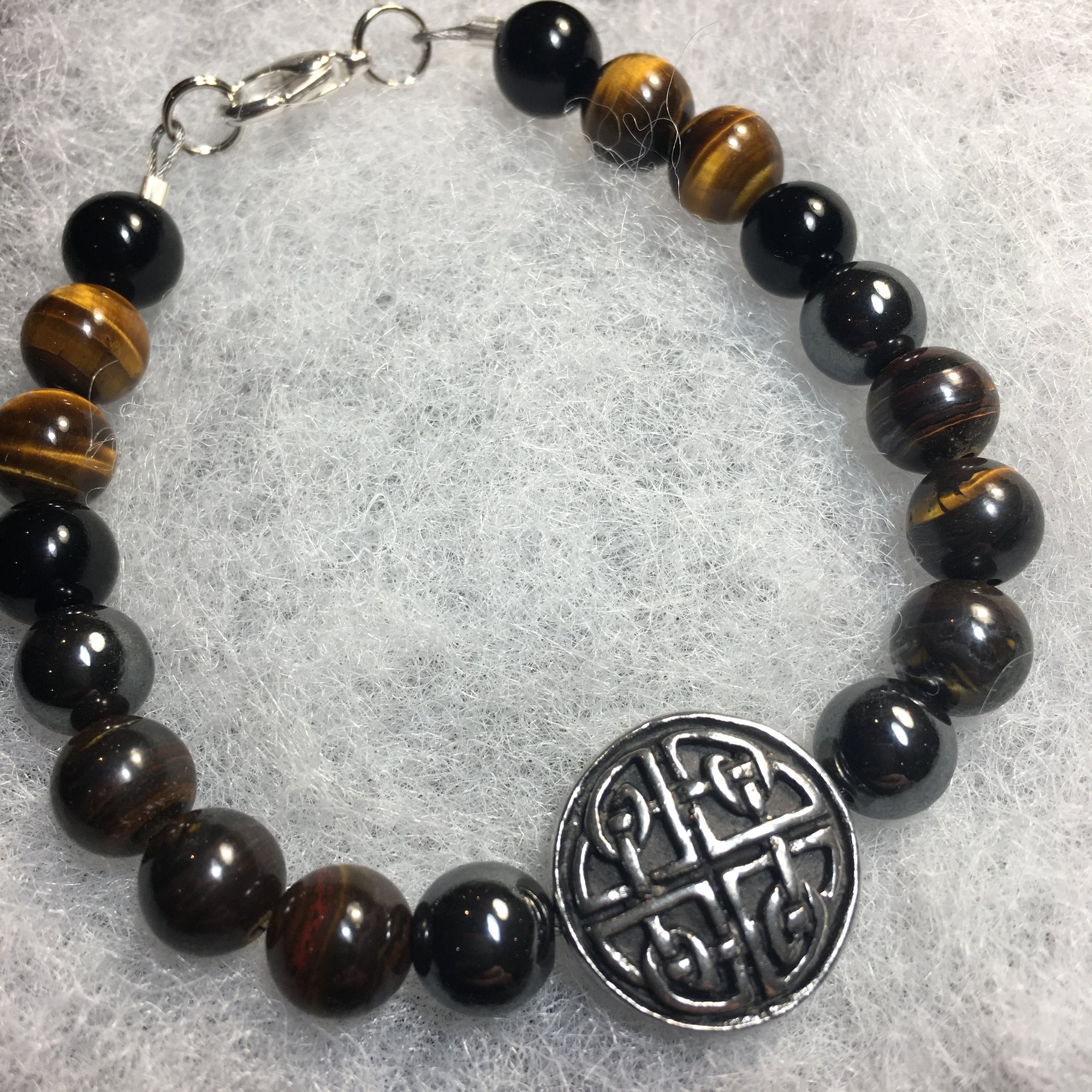 Hematite, Tiger Iron, Tiger Eye, Black Agate Bracelet with Pewter Circle/Celtic Knots Amulet