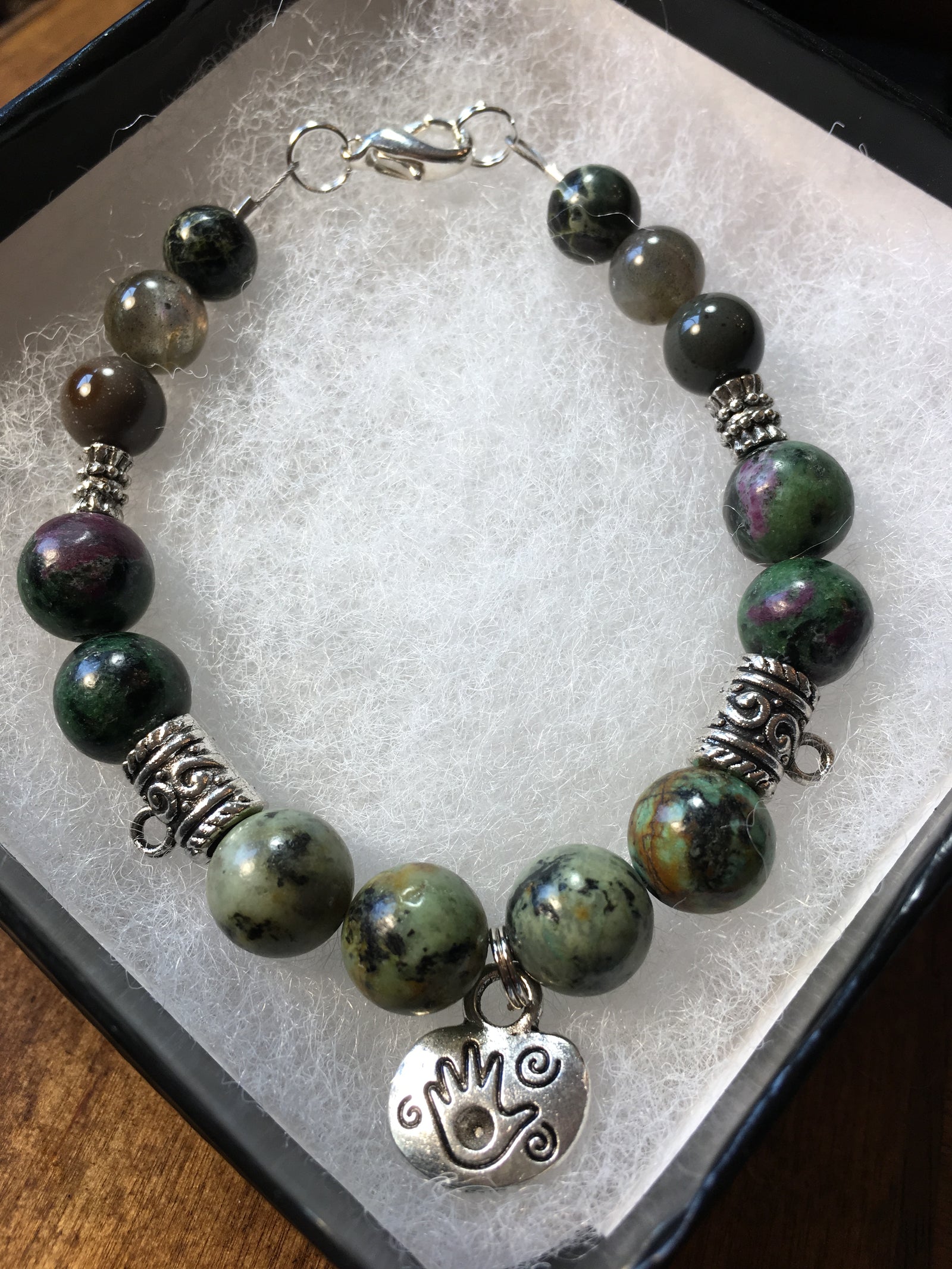 African Turquoise, Ruby Zoisite, Polychrome Jasper, Labradorite, Moss Jasper Bracelet