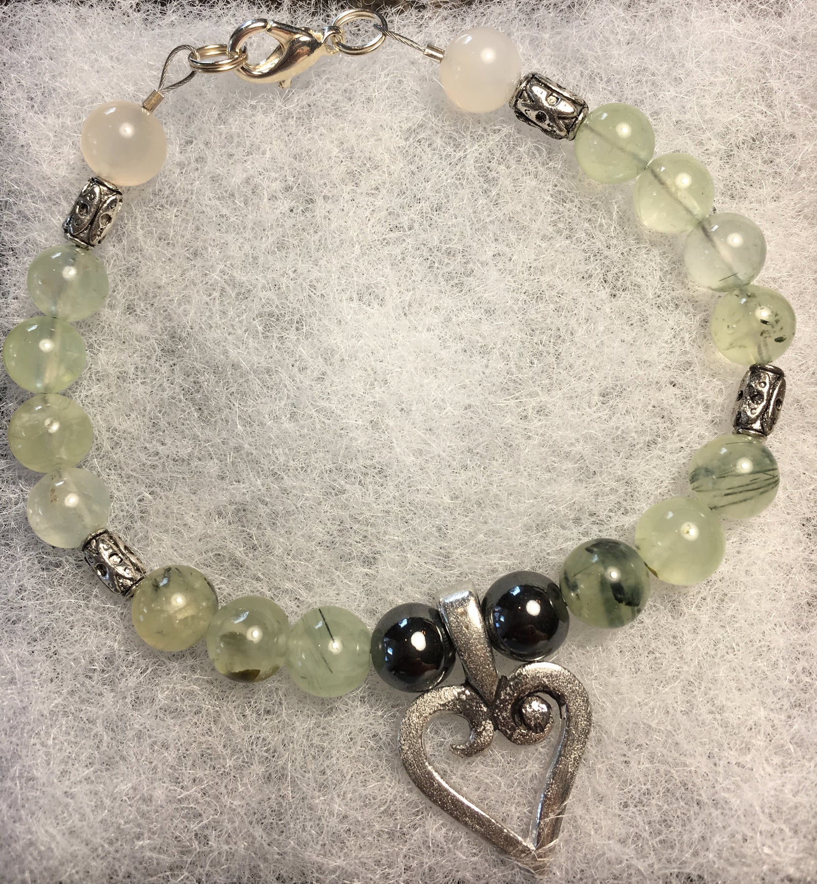 Prehnite, Green Tourmaline, Carnelian, Hematite Bracelet with Pewter Amulet