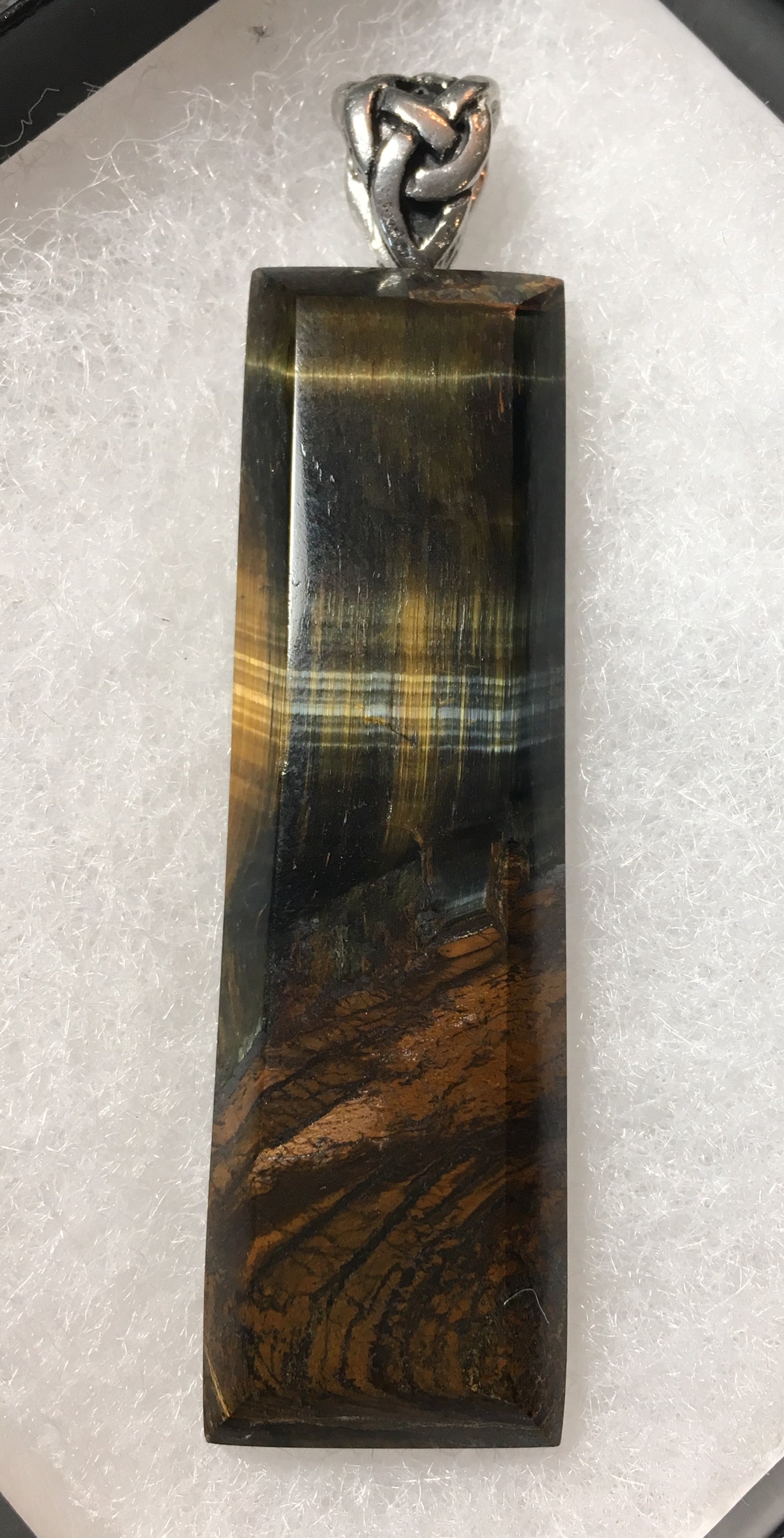 Blue Tiger Eye Rectangular Beveled Pendant with Pewter Beaver Tail