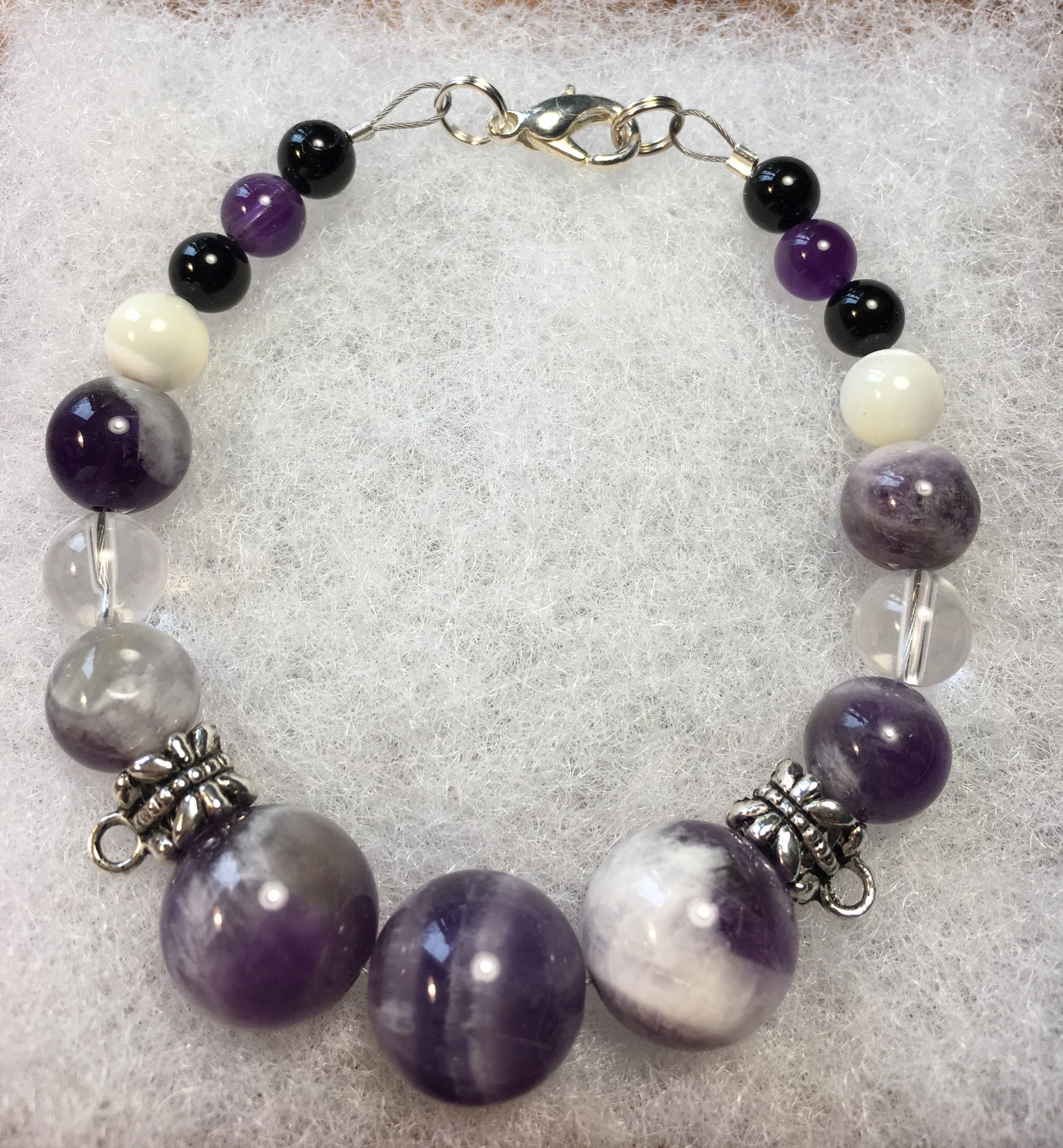Chevron Amethyst, Mother of Pearl, Black Tourmaline, Amethyst Bracelet
