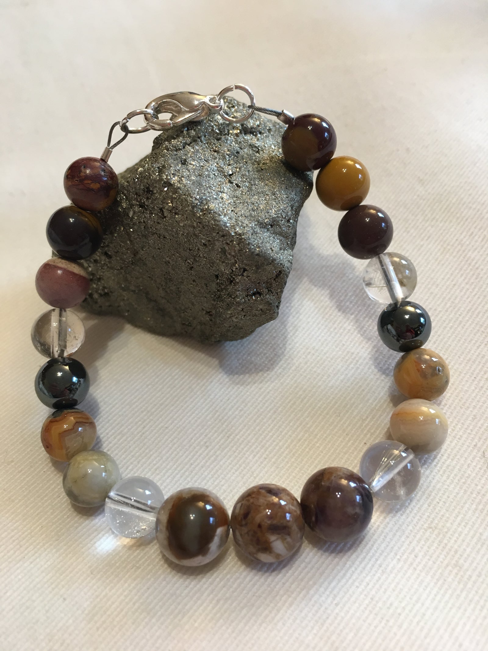 Banded Amethyst, Rutilated Quartz, Crazy Lace Agate, Hematite, Mookaite Bracelet