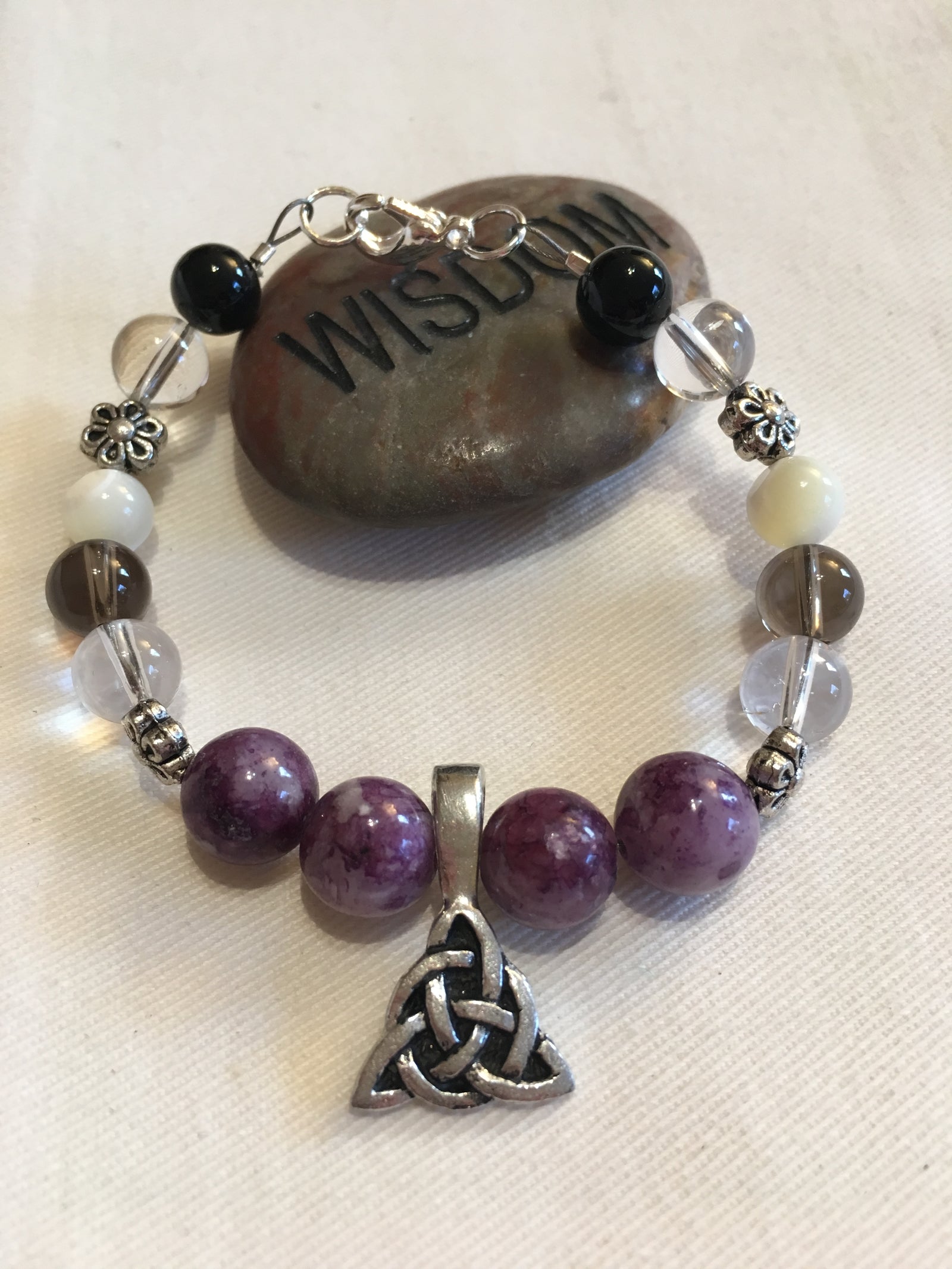 Lepidolite, Clear Quartz, Smokey Quartz, Mother of Pearl, Black Agate Bracelet with Pewter Amulet